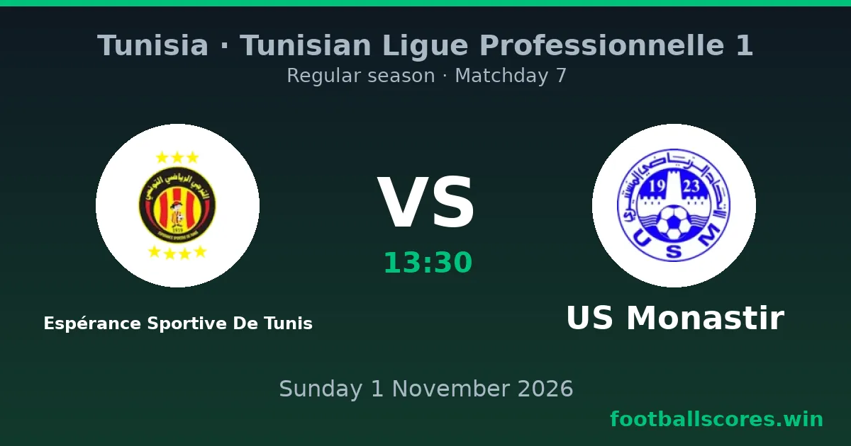 Espérance Sportive De Tunis vs US Monastir – Tunisian Ligue Professionnelle 1, 1 November 2026