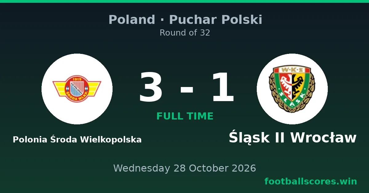 Polonia Środa Wielkopolska vs Śląsk II Wrocław 3-1 – Puchar Polski, 28 October 2026