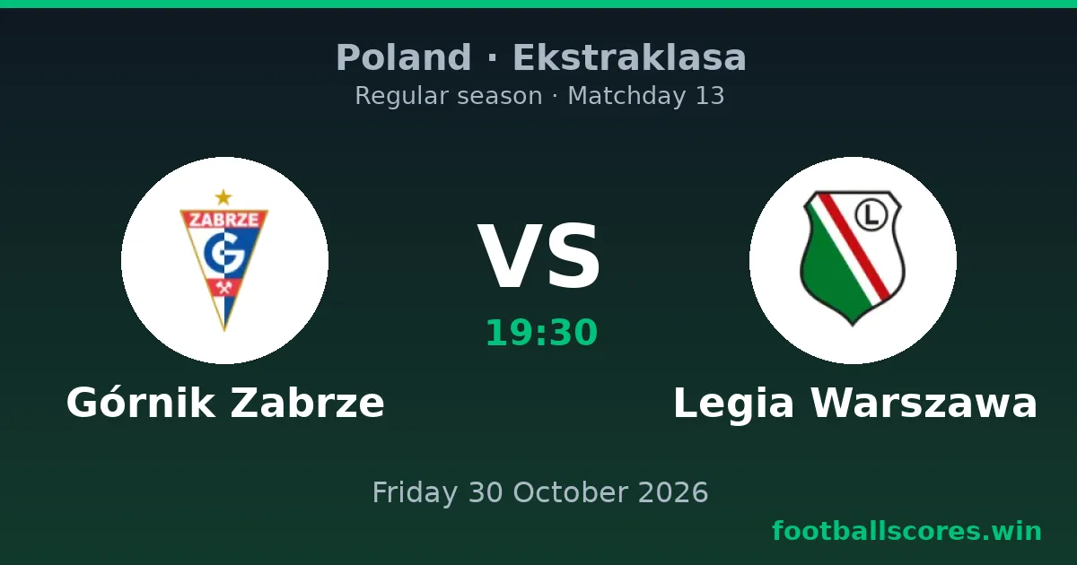 Górnik Zabrze vs Legia Warszawa – Ekstraklasa, 30 October 2026