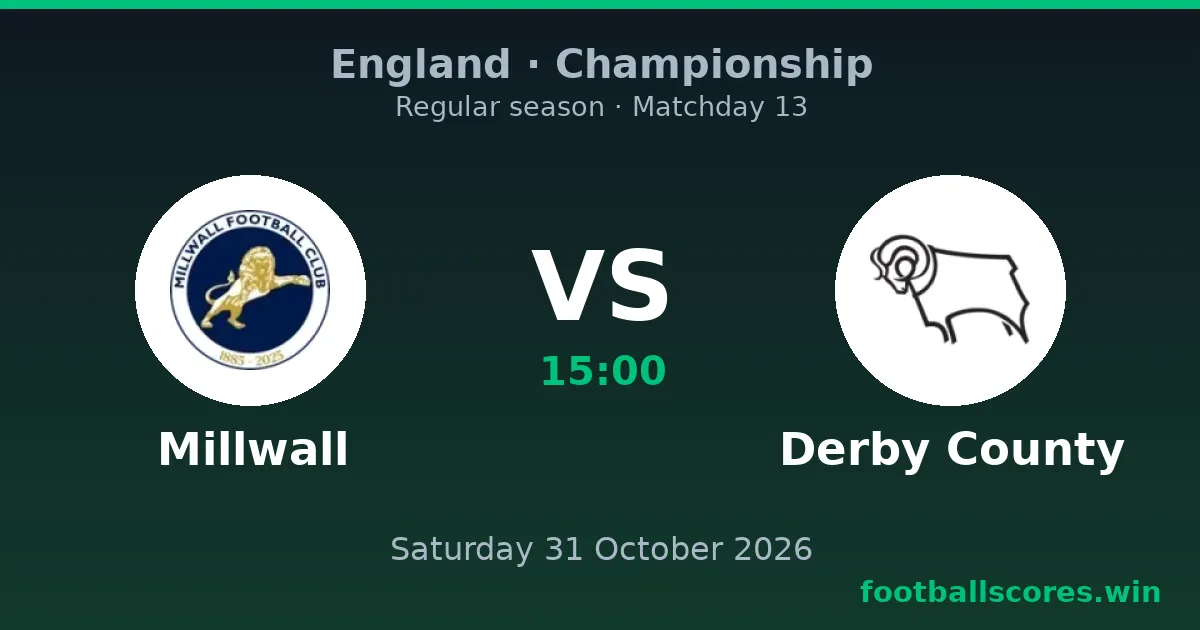 Millwall vs Derby County – Championship, 31 October 2026