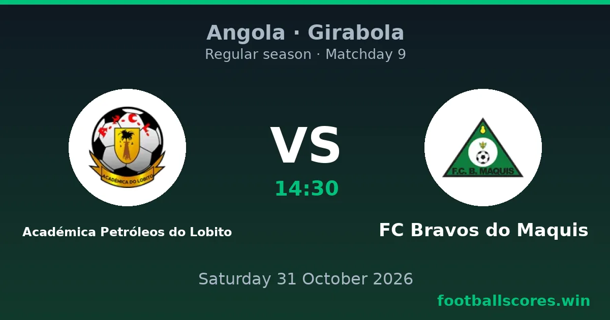 Académica Petróleos do Lobito vs FC Bravos do Maquis – Girabola, 31 October 2026